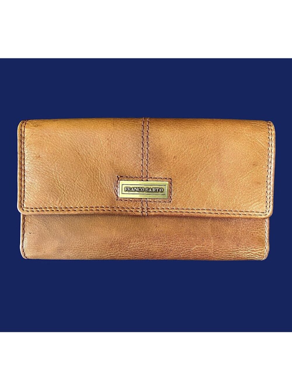 Franco Sarto Brown Leather Trifold Wallet Clutch Checkbook Organizer Gold Logo